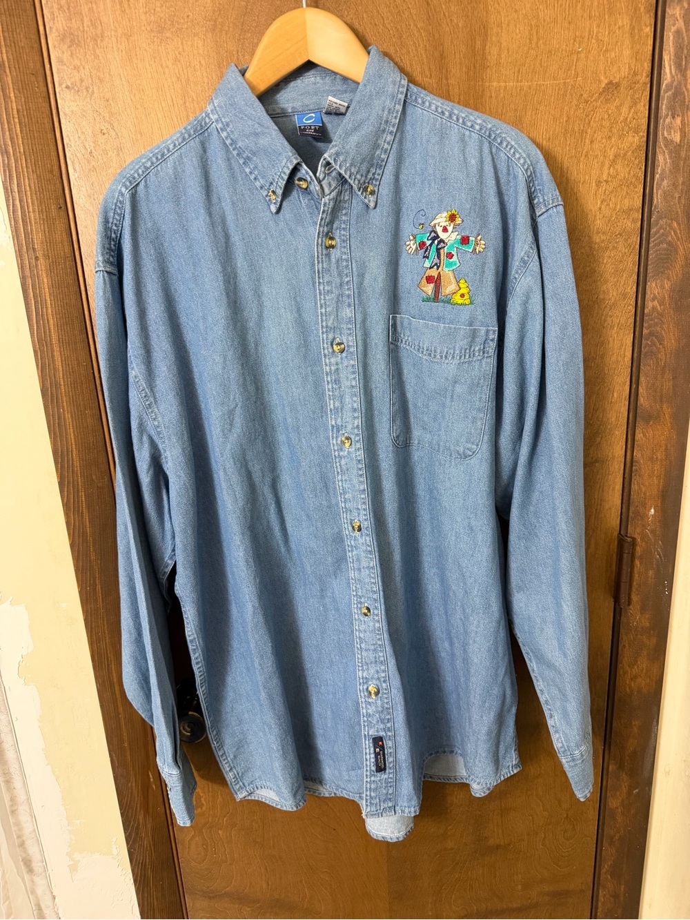 Port and Company XL Denim Button-Up Shirt with Colorful Scarecrow Embroidery